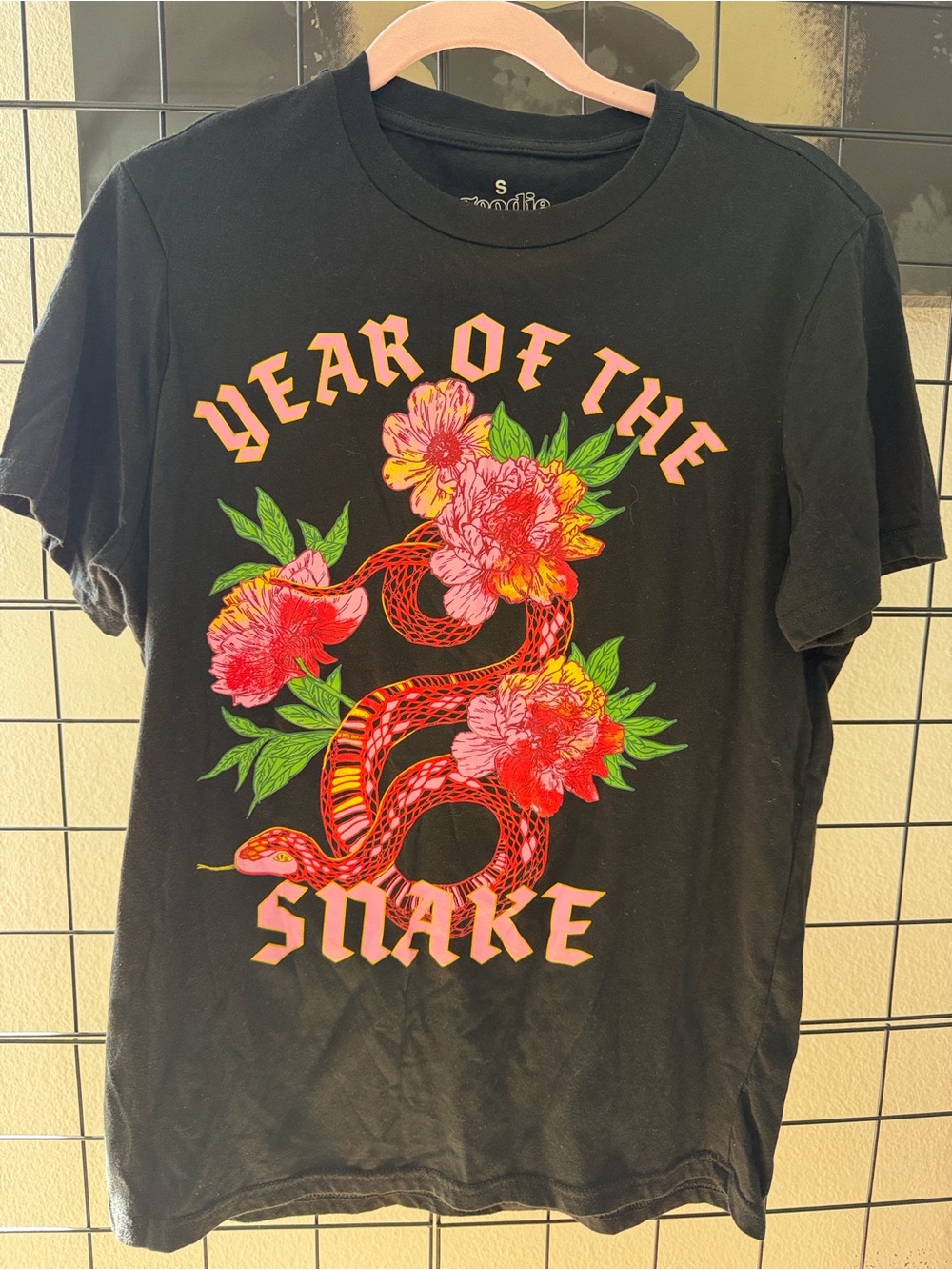 Preloved: Year of the Snake Graphic Tee - Black with Pink & Red Floral Snake